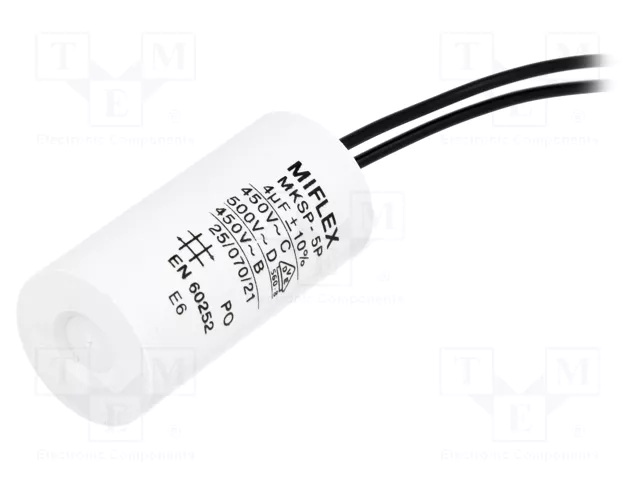 4.0/450V+cable elektromotoru kondensators, ±10%, Ø25x51mm, 10000h, MIFLEX