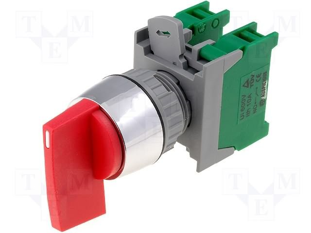 Paneļu slēdzejs, 22mm, 3 poz., (ON)-OFF-(ON), IP65, 3A/230VAC, sarkans, divi kontaktu uz saslēgšanu