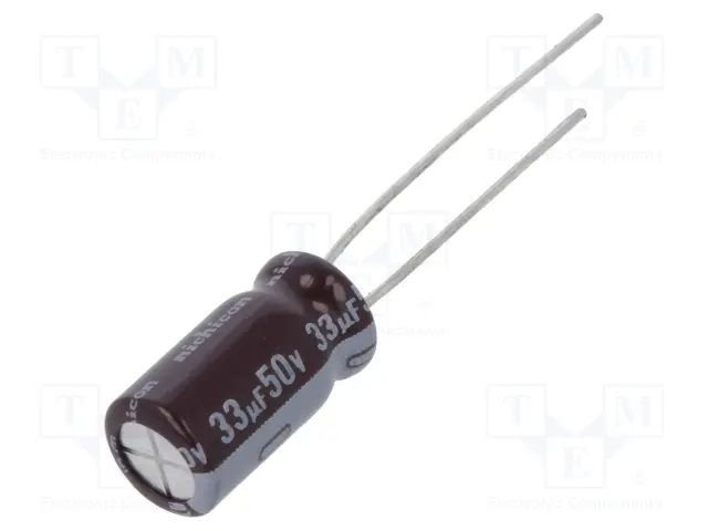 33/50V, 105C, Ø6.3x11mm, ±20%, Kondensatori zemas induktivitātes, 2000h, NICHICON, ar lokaniem izvadiem