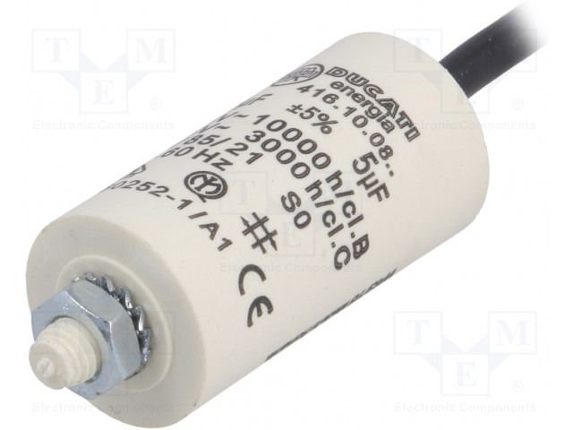 5.0/425V+cable elektromotoru kondensators, ±5%, Ø28x55mm, M8, 10000h, DUCATI ENERGIA