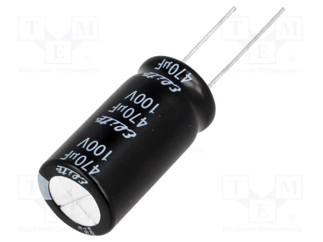 470/100V, 105C, Ø16x31.5mm, ±20%, Kondensators elektrolītisks, 2000h, Elite, ar lokaniem izvadiem