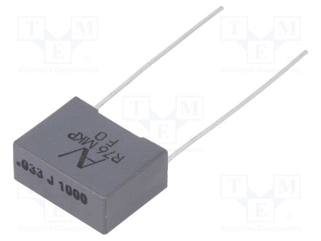 33nF/1000VDC, 600VAC, ±5%, polipropilēns kondensātors, 15mm, 18x7.5x13.5mm, KEMET
