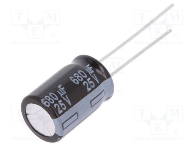 680/25V, 105C, Ø10x16mm, ±20%, Kondensatori zemas induktivitātes, 8000h, 28mΩ, PANASONIC, ar lokaniem izvadiem
