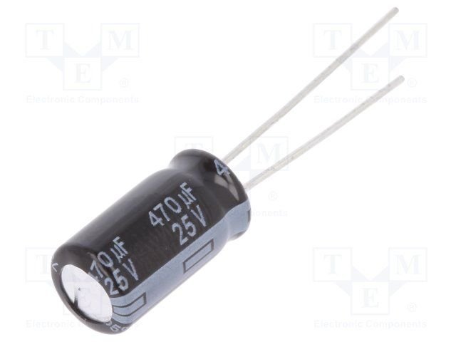 470/25V, 105C, Ø8x15mm, ±20%, Kondensatori zemas induktivitātes, 8000h, 0.041Ω, PANASONIC, ar lokaniem ivadiem