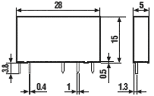 Relejs DC48V, SPDT, 6A/250VAC, 6A/30VDC, 12.3k(3.9mA), viens kontakts uz pārslēgšanu(AgNi), 28x5x15mm, FINDER