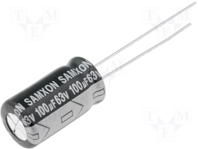100/63V 105C, Ø8x16mm, ±20%, Kondensatori zemas induktivitātes, 7000h, Samxon, ar lokaniem izvadiem