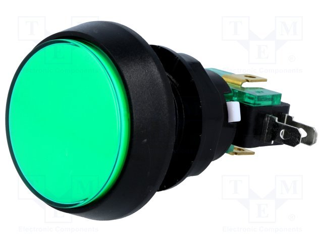 Poga SPDT, ON-(ON), 10A/250VAC, Ø44x70mm, zaļā krasa, plastmasas, spailes 4.8x0.5mm, LED12V, viens kontakts uz pārslēgšanu, bez fiksacijas