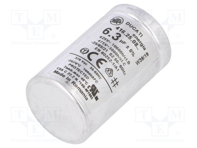 6.3/425VAC, ±5%, elektromotoru kondensators, klemes 6.3mm, 10000h, Ø35x60mm