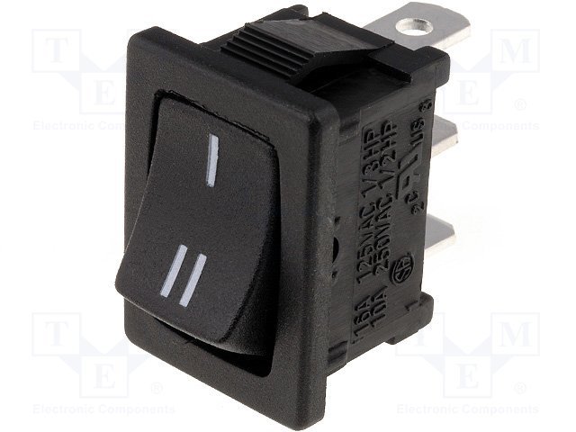 Taustiņslēdzis SPDT, ON-(ON), 10A/250VAC, 16A/12VDC, 15x21mm, melna krasa, bez fiksācijas