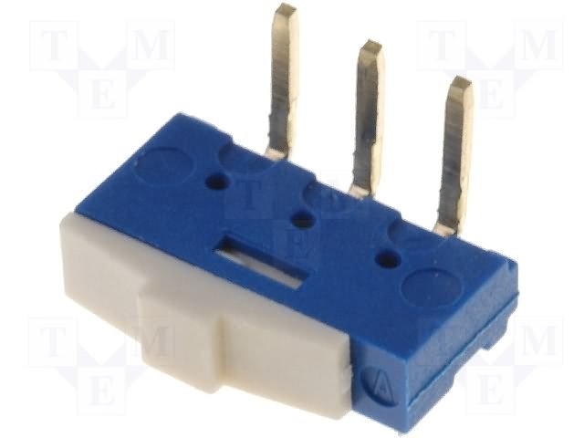 Pārslēdzējs slīdbīdņu SPDT, 0,5A/12VDC, ON-ON, 10x2.5x6.5mm, leņķisks, viens kontakts uz divam stāvoklim