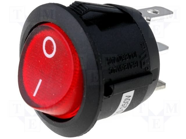 Taustiņslēdzis SPST, OFF-ON, 6A/250VAC, 20A/12VDC, D=23mm, ar apgaism. neon. spul., sarkana krasa, ar fiksāciju