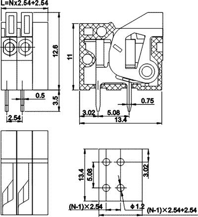Terminal blocks PCB, 2pin, 2.54mm, 0.5mm2, 150V/2A, 7.6x13.4x12.6mm, pašfiksējoša spaile, leņķisks 90°