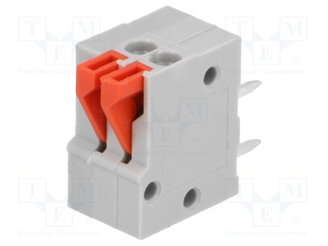 Terminal blocks PCB, 2pin, 2.54mm, 0.5mm2, 150V/2A, 7.6x13.4x12.6mm, pašfiksējoša spaile, leņķisks 90°