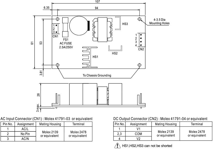 Impulsu barošanas bloks 85-264V=>+15V, -15V, 2*0.8A, 24W, 107x61x28mm, 140g.