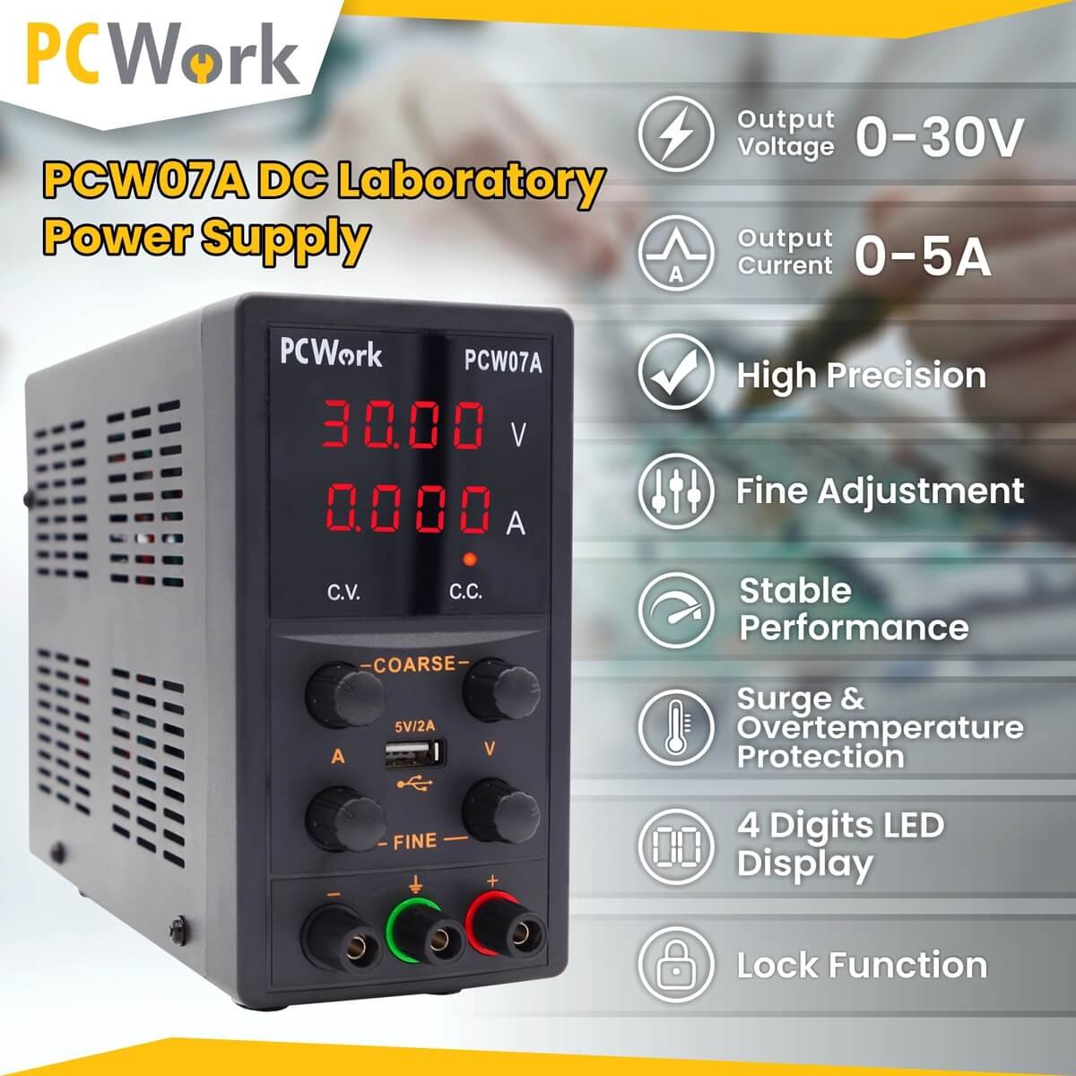 Laboratoru regulējams barošanas 1*(0-30V/0-5A + USB 5V/2A)