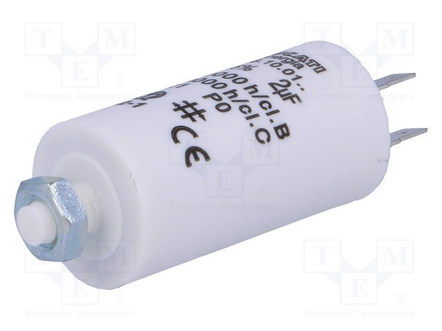 2.0/425VAC, ±5%, elektromotoru kondensators, klemes 6.3mm, 10000h, M8, Ø28x55mm