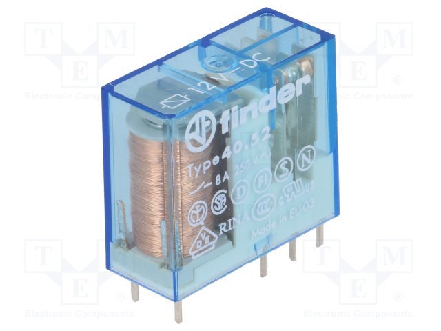 Relejs DC12V, DPDT, 2x8A/250VAC, 2x8A/30VDC, 220R(55mA), divi kontakti uz pārslēgšanu, 29x12.4x25mm, FINDER