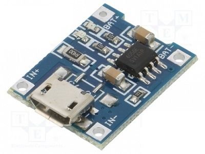 Modulis: Li-po/li-ion uzlādēšanas ierīce, 1 baterija, TP4056, 4.2VDC, 1A, microUSB-B, 26x16x10mm