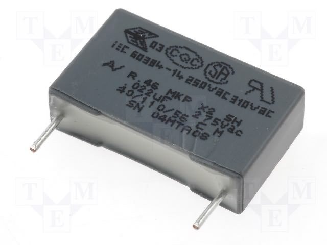 22nF 275VAC plēves kondensatori polipropilēna, ±20%, P15, 18x5x11mm, traucējumi X2