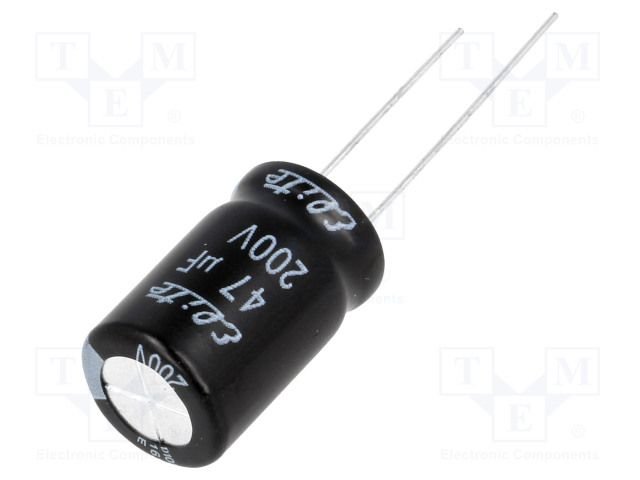 47/200V, 105C, Ø12.5*20mm, ±20%, Kondensators elektrolītisks, 10000, Elite, ar lokaniem izvadiem