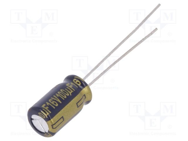 100/16V 105C, Ø6.3x11mm, ±20%, Kondensatori zemas induktivitātes, 1000h, PANASONIC, ar lokaniem izvadiem