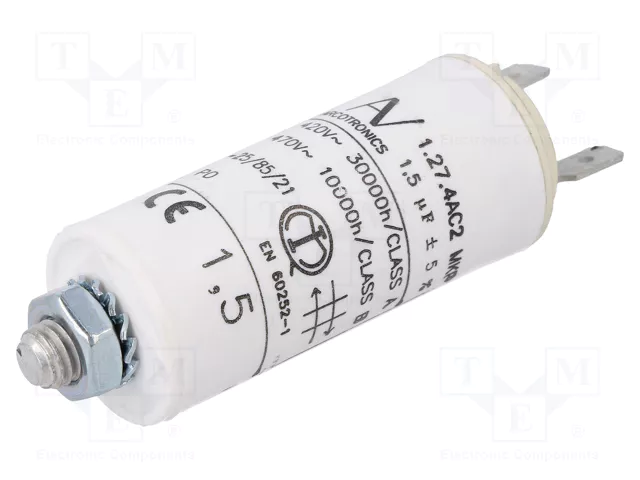 1.5/470VAC, ±5%, elektromotoru kondensators, klemes 6.3mm, 10000h, M8, Ø25x56.5mm, KEMET