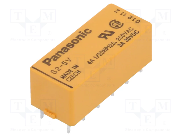 Relejs DC5V, (SPST-NO + SPST-NC) x2, 4A/250VAC, 3A/30VDC, 130R(38mA), divd kontakti uz saslēgšanu un atslēgšanu, 28x12x10mm, PANASONIC