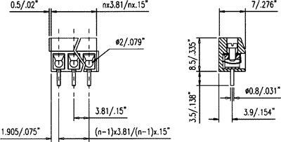 Terminal blocks PCB, 3pin, 3.81mm, 0.5mm2, 250V/10A, 7x8.5x11.4mm