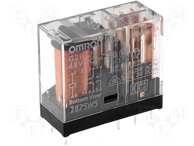 Relejs DC48V, DPDT, 2x5A/250VAC, 5A/30VDC, 4.17kΩ(11.5mA), divi kontakti uz pārslēgšanu, 29x13x25.5mm, OMRON