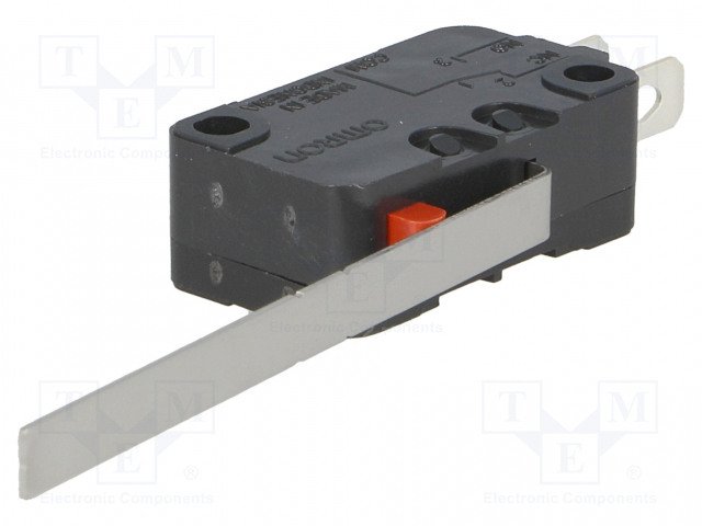Mikropārslēdzējs ar sviru L=50.9mm, SPDT, ON-(ON), 16A/250VAC,10A/30VDC, IP40, 27.8x10.3x15.9mm, viens kontakts uz pārslēgšanu, OMRON