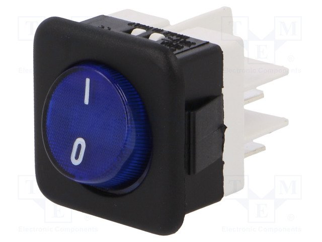 Taustiņslēdzis DPST, ON-OFF, 16A/250VAC, 30x30.3x28.5mm, apgaism. neona lamp. (I-O), zilā krasa, ar fiksāciju