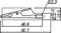 Krokodils izolets, sarkana krasa, 10A, 60V, L=60.7mm, uz 2mm zondu
