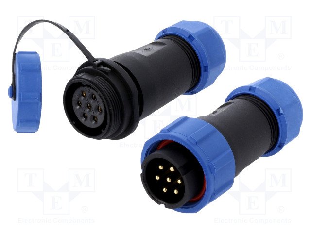7Pin rūpņiecības savienotājs "papa spraudis + mama ligzda ar vaciņu", 5A/500V, IP67, lodešanai