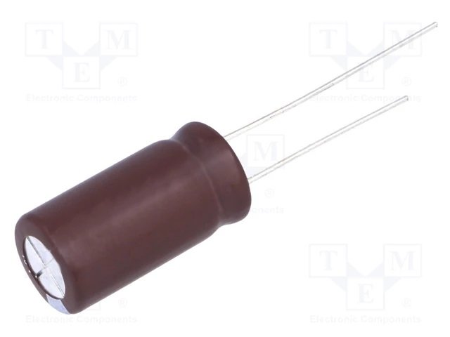 100/16V, 105C, Ø6.3x11mm, ±20%, Kondensatori zemas induktivitātes, 2000h, Elite, ar lokaniem izvadiem
