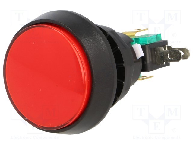 Poga SPDT, ON-(ON), 10A/250VAC, Ø44x70mm, sarkanā krasa, plastmasas, spailes 4.8x0.5mm, LED12V, viens kontakts uz pārslēgšanu, bez fiksacijas