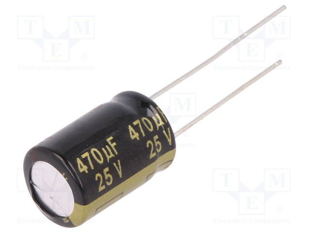 470/25V, 105C, Ø10x20mm, ±20%, Kondensatori zemas induktivitātes, 4000h, 0.030Ω, PANASONIC, ar lokaniem ivadiem