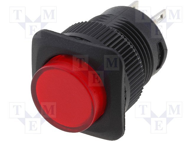 Poga SPST-NO, OFF-(ON), 1.5A/250VAC, M16, 18x18x23.5mm, sarkana krasa, plastmasas, bez fiksacijas