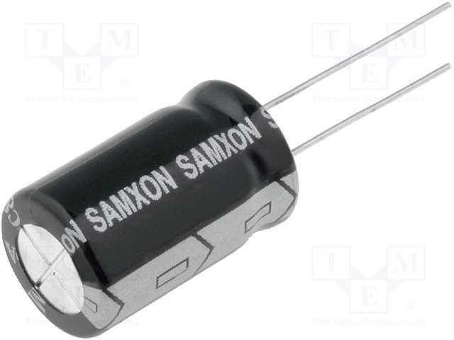 470/63V, 105C, Ø12.5x20mm, ±20%, Kondensatori zemas induktivitātes 0.128R, 10000h, SAMXON, ar lokaniem izvadiem