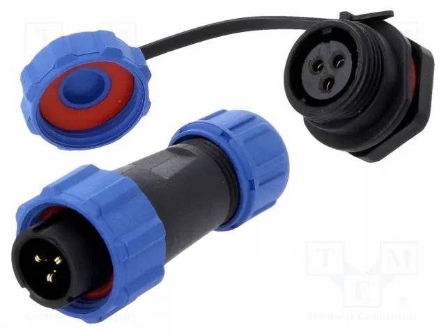 3Pin rūpņiecības savienotājs "papa spraudis + mama sasijai ligzda ar vaciņu", 5A/500V, IP67, lodešanai