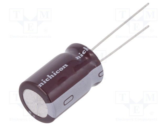 1/400V, 105C, Ø10x12.5mm, ±20%, Kondensatori zemas induktivitātes, 2000h, NICHICON, ar lokaniem izvadiem