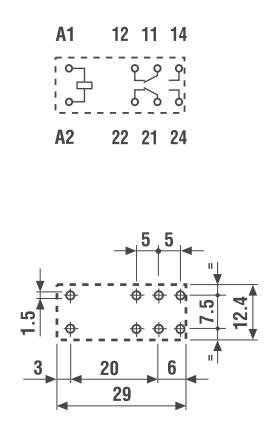 Relejs AC24V, DPDT, 2x8A/250VAC, 2x8A/30VDC, 320Ω(45mA), divi kontakti uz pārslēgšanu, 29x12.4x25mm, FINDER