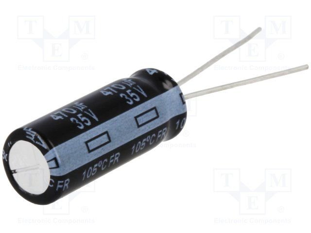 470/35V, 105C, Ø8x20mm, ±20%, Kondensatori zemas induktivitātes, 9000h, 0.030Ω, PANASONIC, ar lokaniem ivadiem