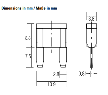 Drošinātājs auto mini 15A, 32V, 10.9 x 16.3 x 3.8mm