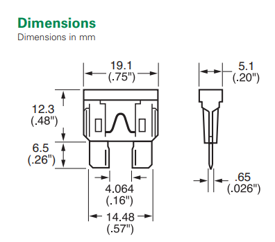 Drošinātājs auto standarta 25A, 32V, 19 x 18.8 x 5.1mm