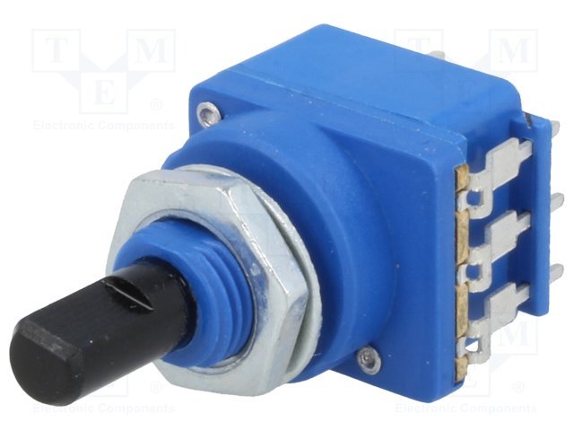 300K mono, ar spiedpogu slēdzi, 20.5x17.2x17mm, 200mW, 6mm, D profils, potenciometrs ar linearu atkarību