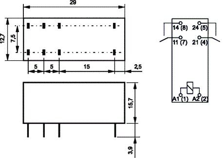 Relejs DC24V, DPST-NO, 2x8A/250VAC, 2x8A/24VDC, 1.44kΩ(16mA), IP67, divi kontakti uz saslēgšanu, 29x12.7x15.7mm, RELPOL