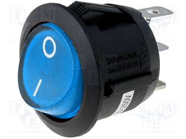 Taustiņslēdzis SPST, OFF-ON, 6A/250VAC, 20A/12VDC, D=23mm, ar apgaism. neon. spul., zilā krasa, ar fiksāciju