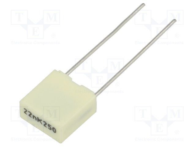 22nF/250VDC, 160VAC, ±5%, poliesters kondensātors, 5mm, 7.2x3.5x7.5mm, KEMET