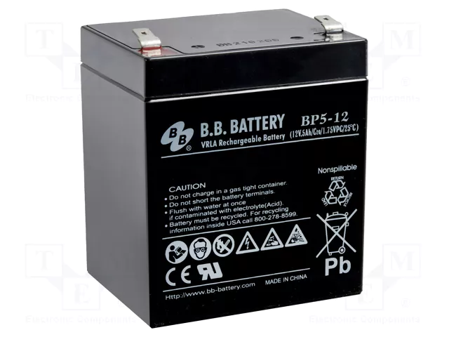 Rūpņiecības svina-skabes akumulators 12V, 5Ah, AGM, 90x70x102mm 1.82kg (B.B. Battery)