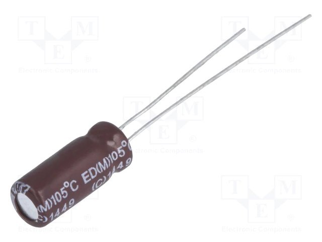 1500/25V, 105C, Ø12.5x25mm, ±20%, Kondensatori zemas induktivitātes, Elite, 27mR, 5000h, ar lokaniem izvadiem